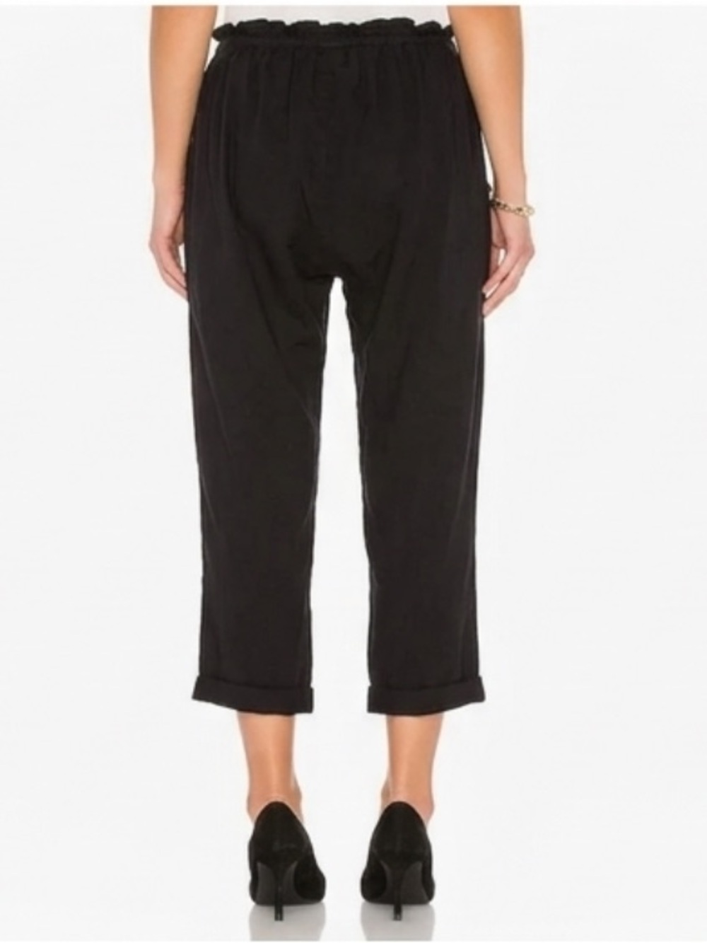 The Great. The Tulip Pants Black Cropped Linen Cotton Ruffle Trim Summer-2/M